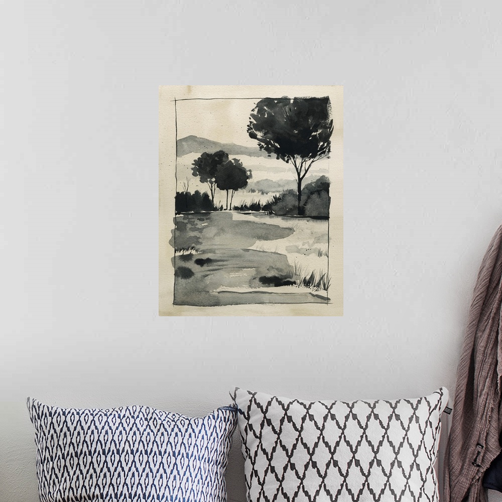 A bohemian room featuring Watercolor Country Sketch I