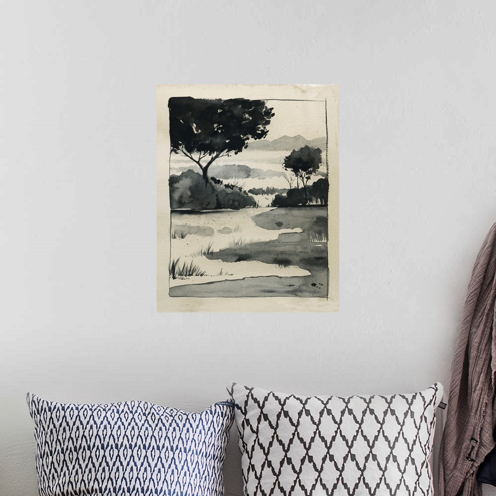 A bohemian room featuring Watercolor Country Sketch II