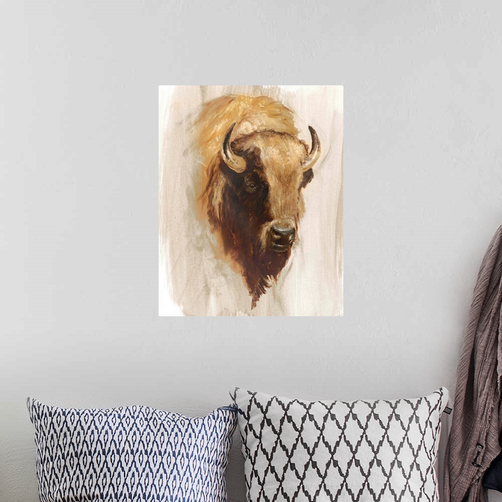 A bohemian room featuring Contemporary portrait of a bison in sepia tones.