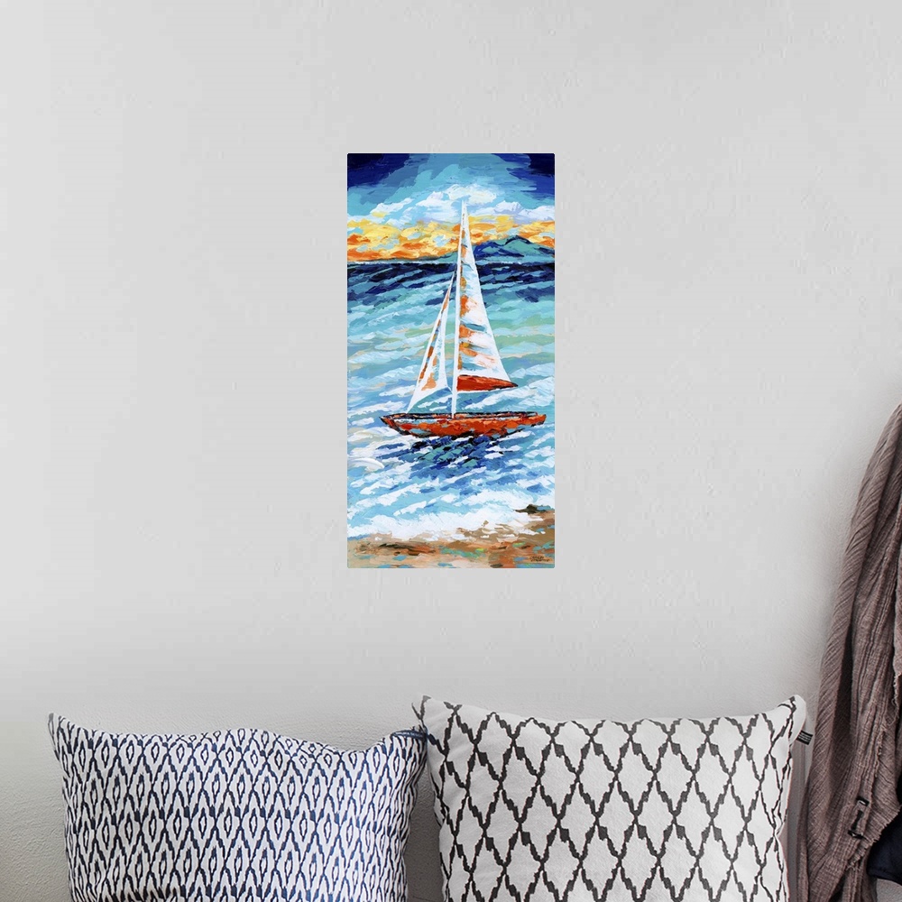A bohemian room featuring Contemporary ocean scene with a lone sailboat on the water near the coast.