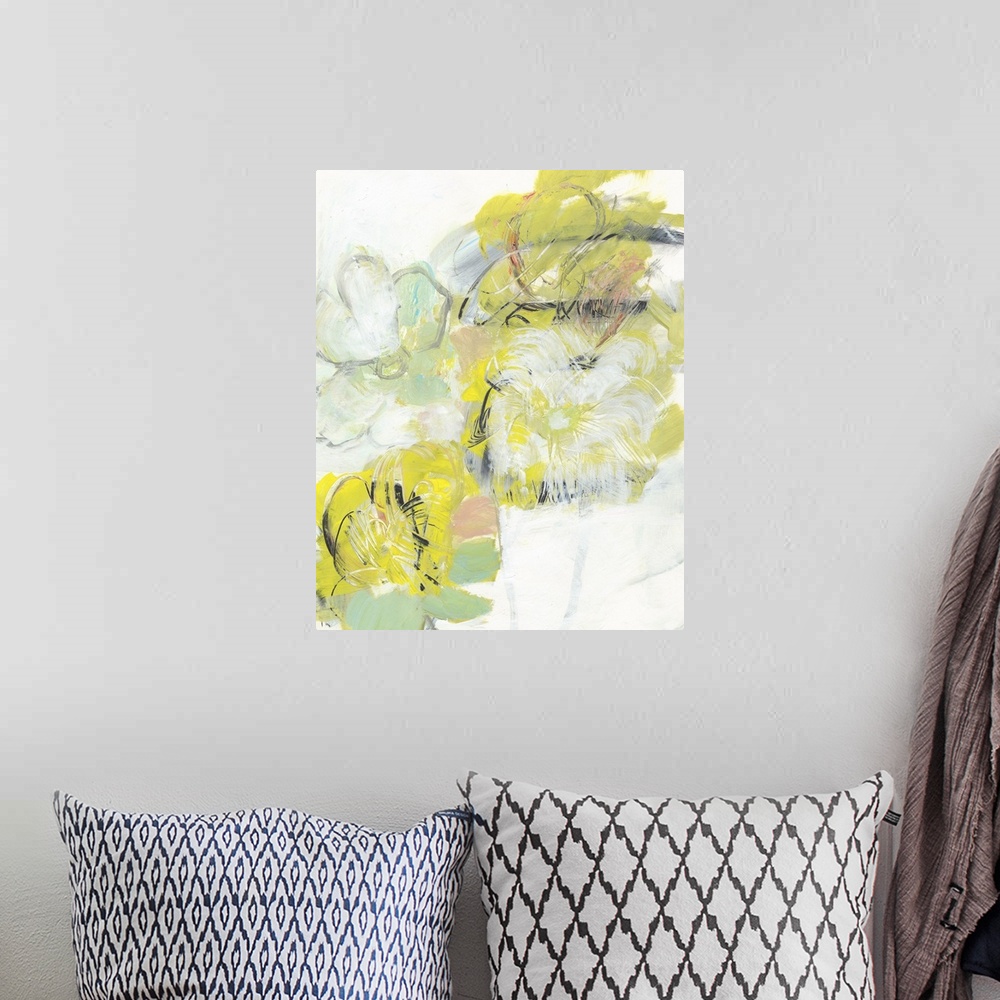 A bohemian room featuring Semi-abstract artwork of yellow and white flowers.