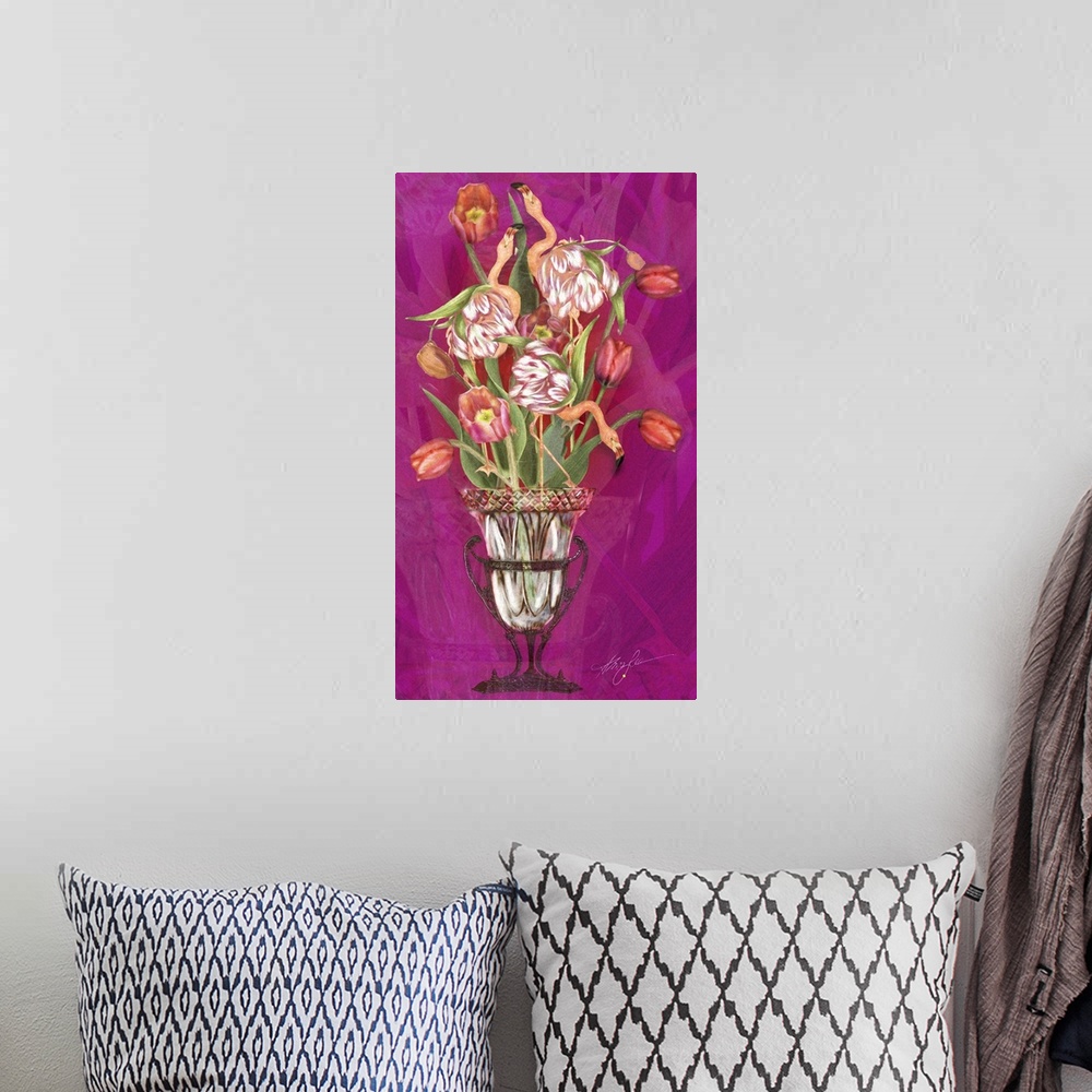A bohemian room featuring Vertical painting of a vase of pink tulips with flamingos against a fuchsia setting.