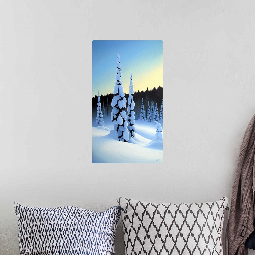 A bohemian room featuring Painting of tall trees with branches weighed down by heavy snow in winter.