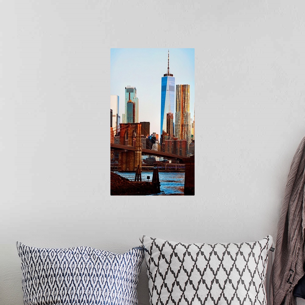 A bohemian room featuring Freedom Tower And Brooklyn Bridge At Sunrise