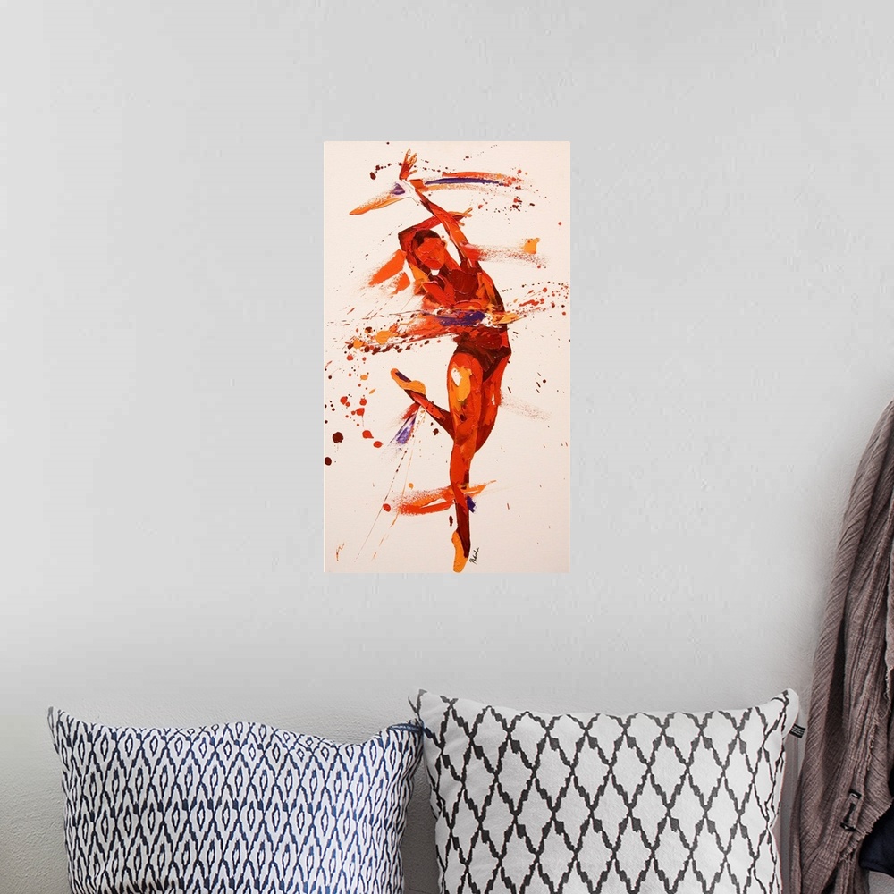 A bohemian room featuring Contemporary painting using deep warm tones to create a dancing figure against a tan background.