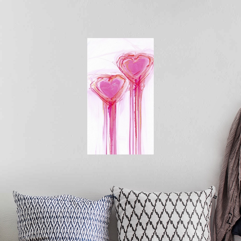 A bohemian room featuring Contemporary painting of two bright pink heart shapes with long streaks of dripping paint.
