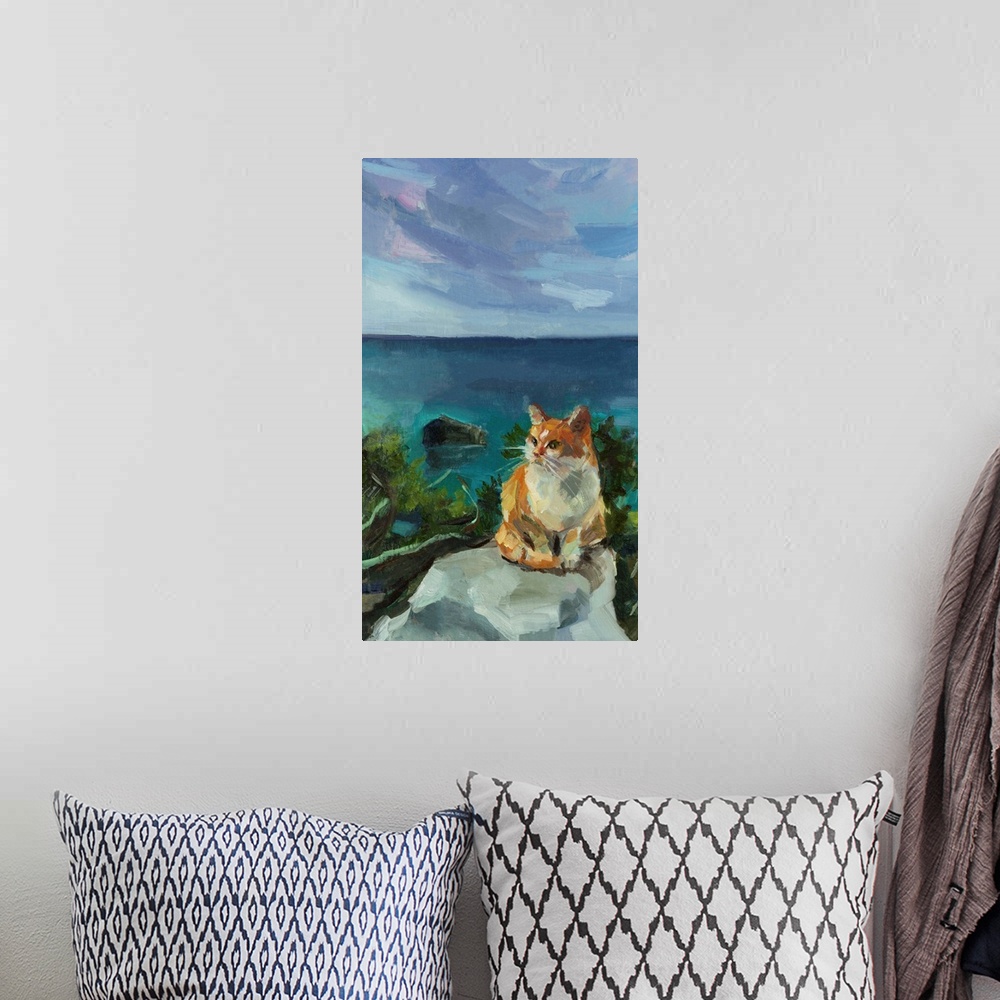 A bohemian room featuring Portrait of a cute red and white cat on a turquoise sea background.