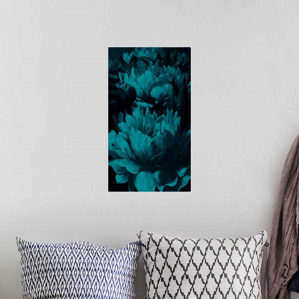 A bohemian room featuring Contemporary painting of blue flowers on a black background.