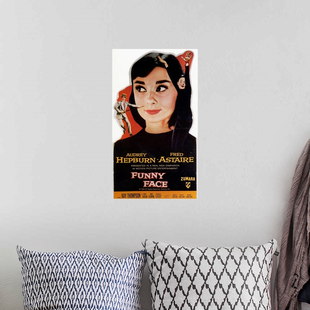 A bohemian room featuring Audrey Hepburn Funny Face Big Head Poster