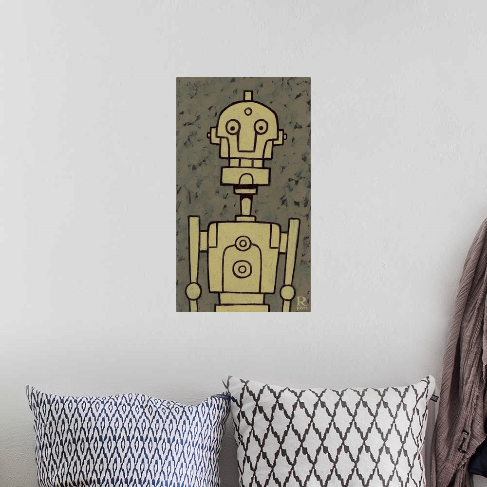 A bohemian room featuring Painting of Mr. Robot Bob. A happy chunk of mechanical parts and ready to serve your needs.