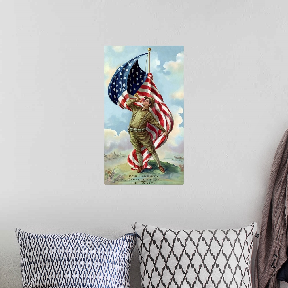 A bohemian room featuring Digitally restored vector war propaganda poster. This vintage World War One poster features a U.S...