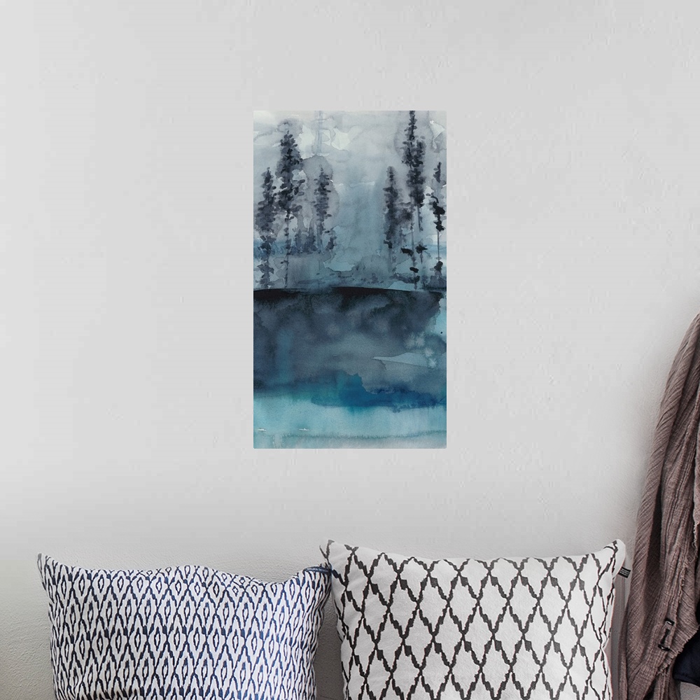 A bohemian room featuring This watercolor painting features the wilderness against an abstract landscape.