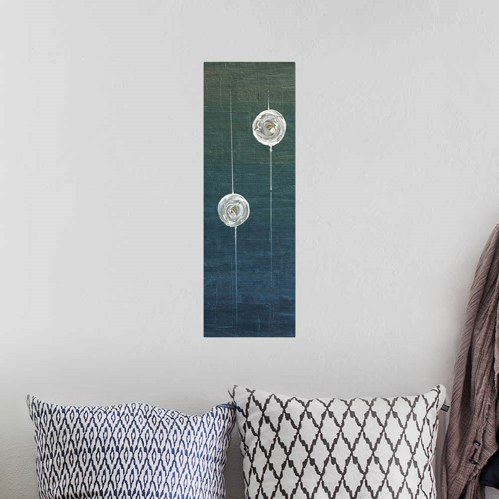 A bohemian room featuring Abstract contemporary artwork of two round white shapes floating on a dark green and blue backgro...