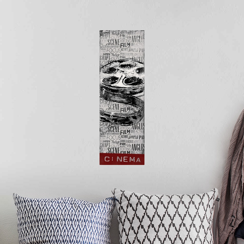 A bohemian room featuring A vintage film reel on a background filled with layers of text, with the word "cinema" at the bot...