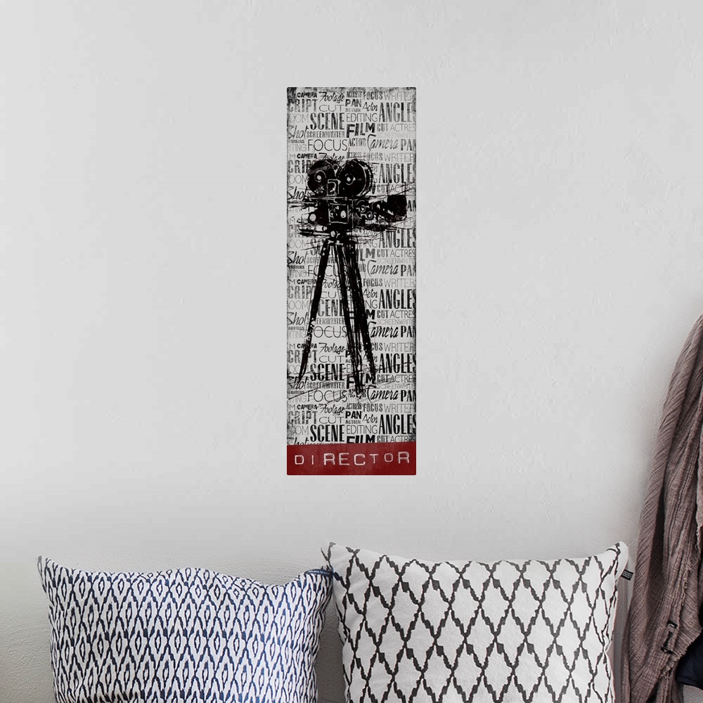 A bohemian room featuring A vintage camera on a background filled with layers of text, with the word "Director" at the bottom.