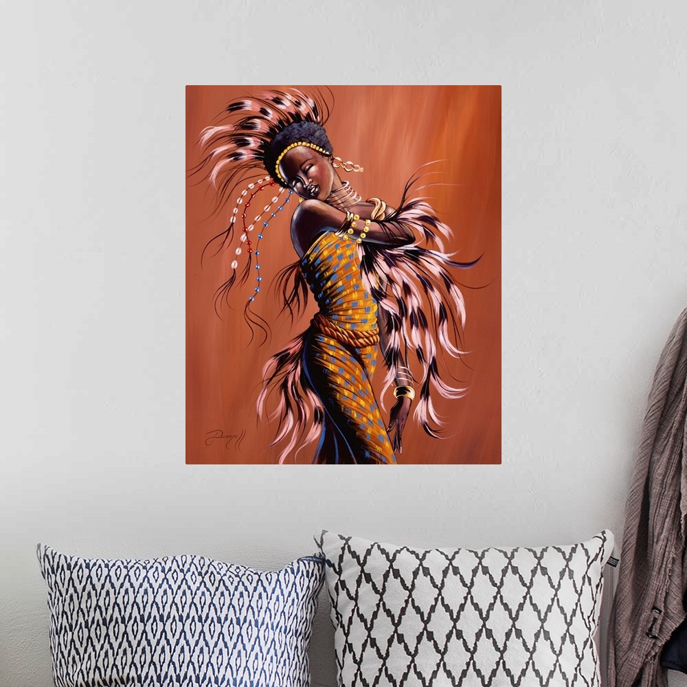 A bohemian room featuring Contemporary African painting of a woman in traditional festival dress dancing.