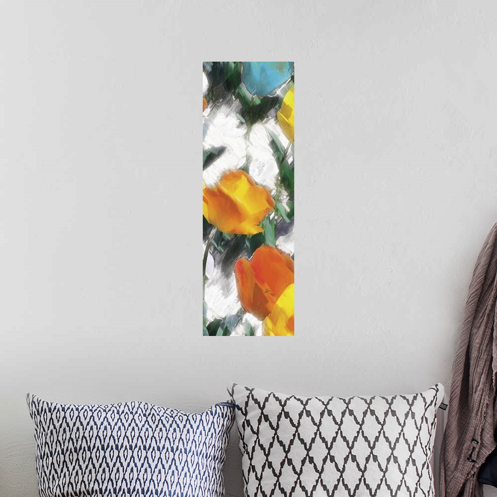 A bohemian room featuring A contemporary abstract painting of yellow, orange, red, and blue flowers on a white background m...