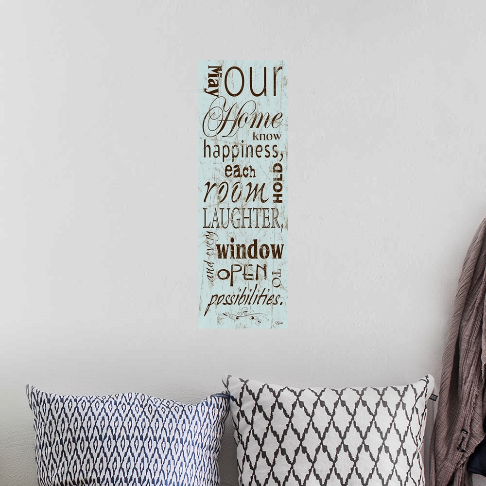 A bohemian room featuring Vertical typography art in a weathered, grungy style.