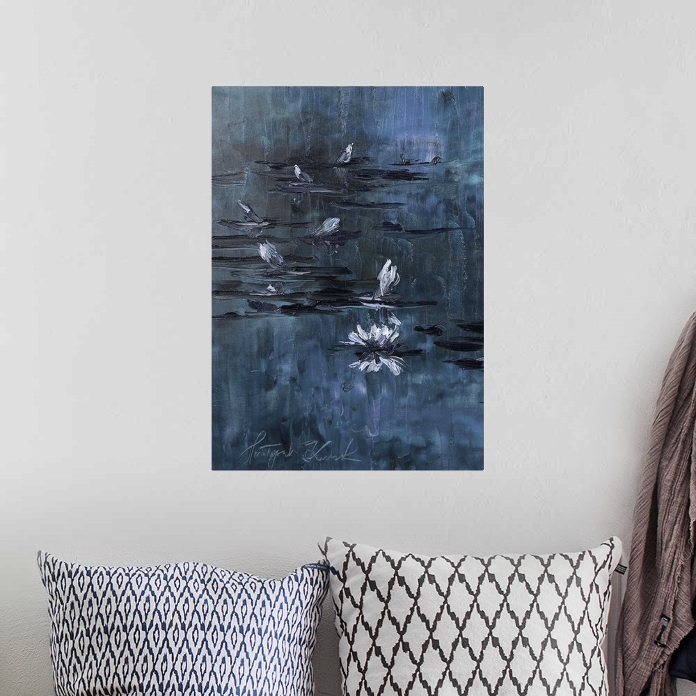 A bohemian room featuring Contemporary painting of waterlilies in a dark blue pond.