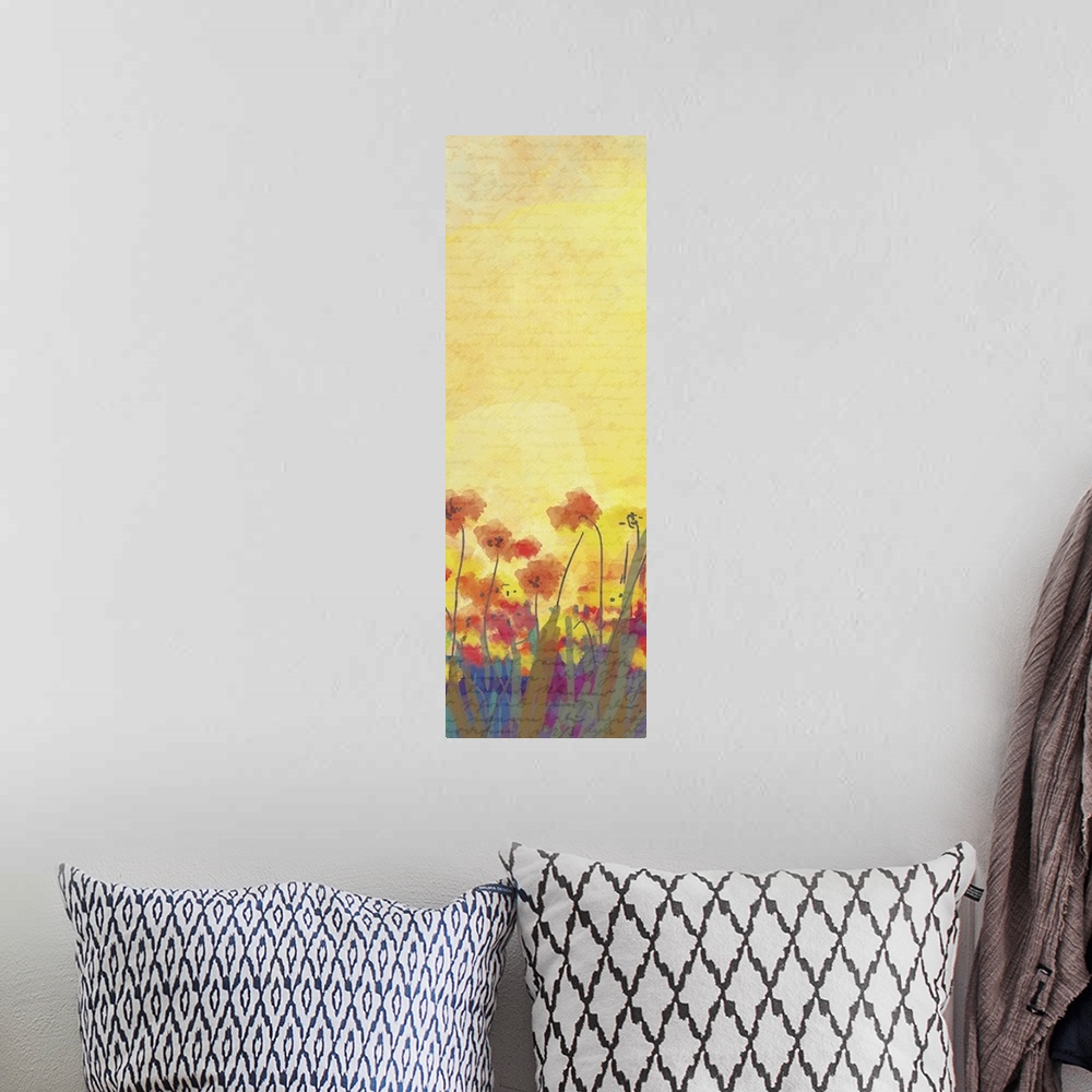 A bohemian room featuring Vertical art panel with red and yellow poppies at the base.
