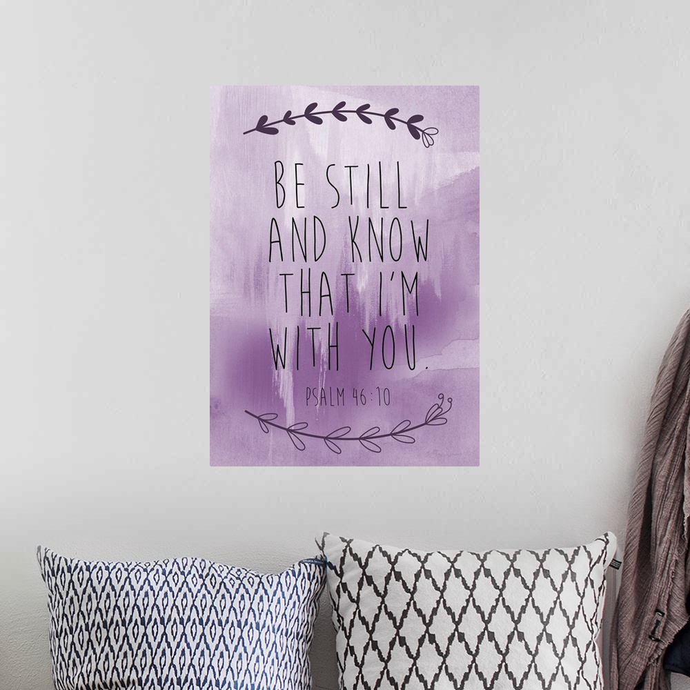 A bohemian room featuring Bible verse with a simple laurel motif over a lavender watercolor wash.