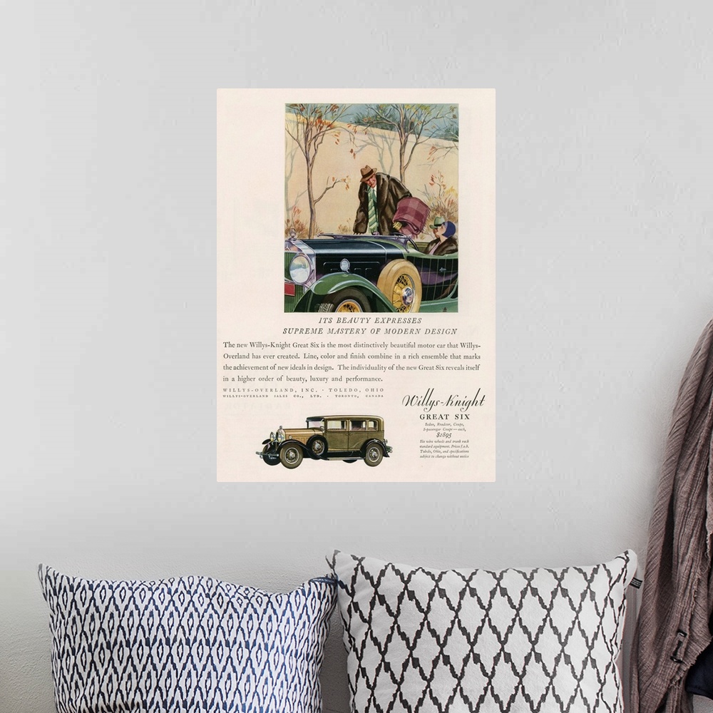 A bohemian room featuring Willys-Knight Great Six Automobile Advertisement