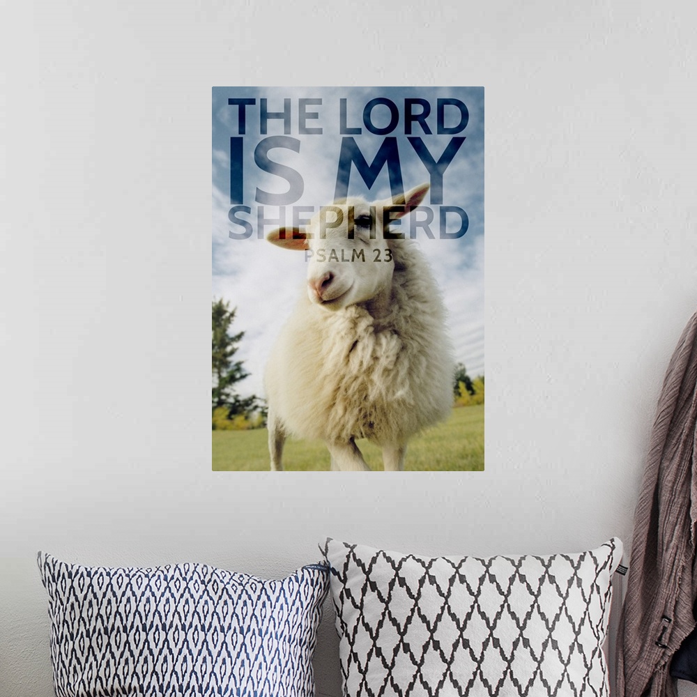 A bohemian room featuring Image Of A Sheep With Scripture From Psalm 23