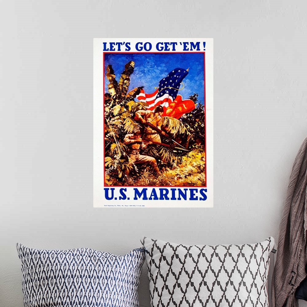 A bohemian room featuring This World War II recruiting poster shows marines bearing rifles with bayonets in a jungle: 'Let'...