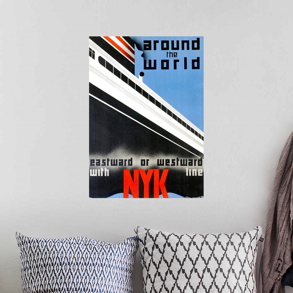 A bohemian room featuring Around the world, NYK line, Vintage Poster, by George Hemming