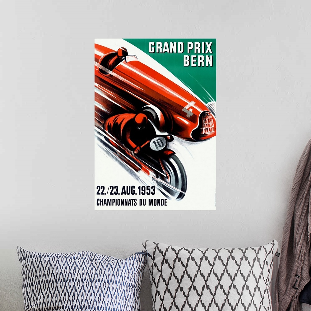 A bohemian room featuring Grand Prix, Bern, 1953, Vintage Poster, by Ernst Ruprecht