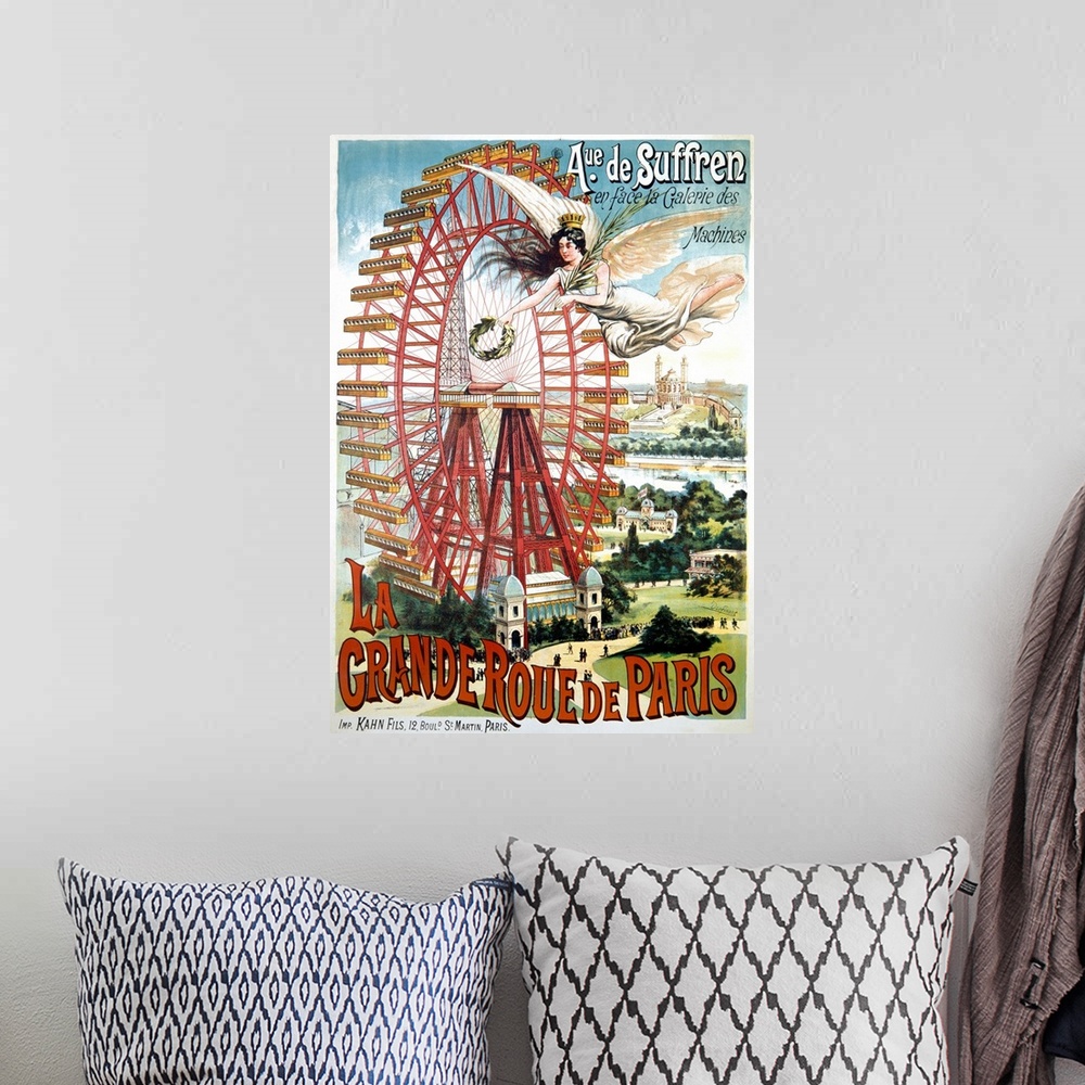 A bohemian room featuring La Grande Ferris Wheel Vintage Advertising Poster