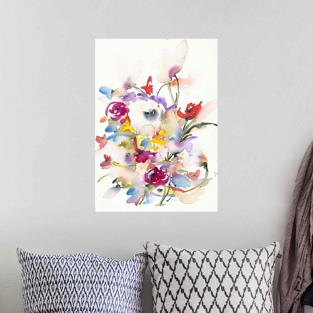 A bohemian room featuring Watercolor artwork of an abundance of blooming flowers on off-white.