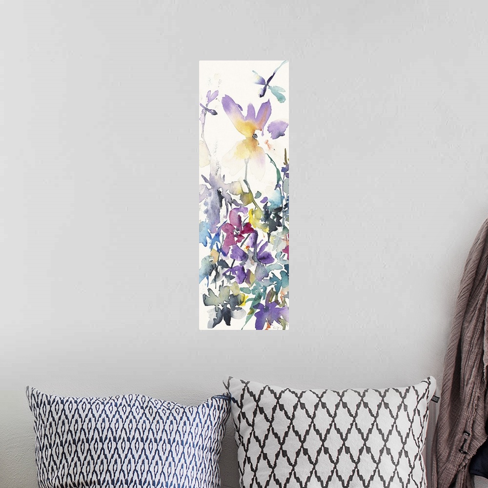 A bohemian room featuring Vertical watercolor painting of a variety of flowers with dragonflies.