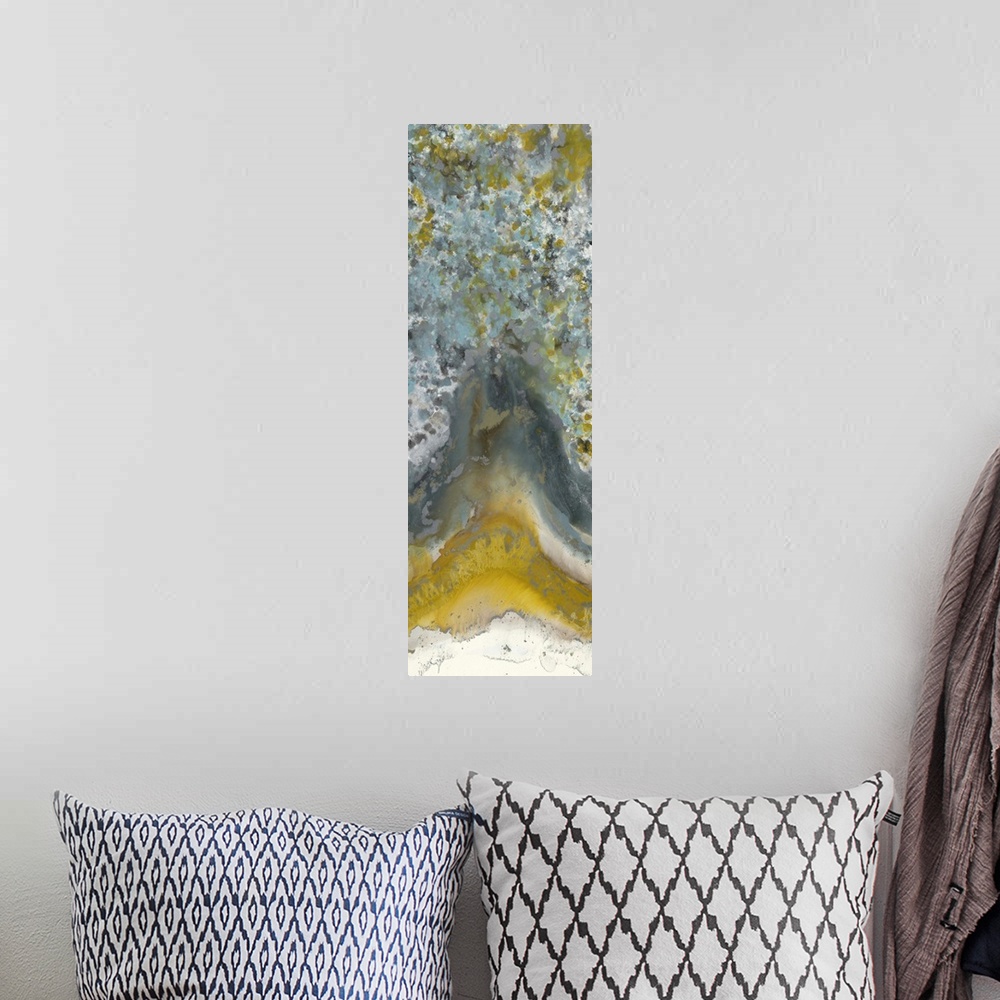 A bohemian room featuring Contemporary abstract painting using tones of brown and yellow mixed with pale turquoise to creat...