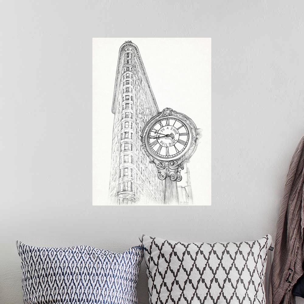 A bohemian room featuring Contemporary illustrative home decor artwork of the Flat Iron building standing tall in New York ...