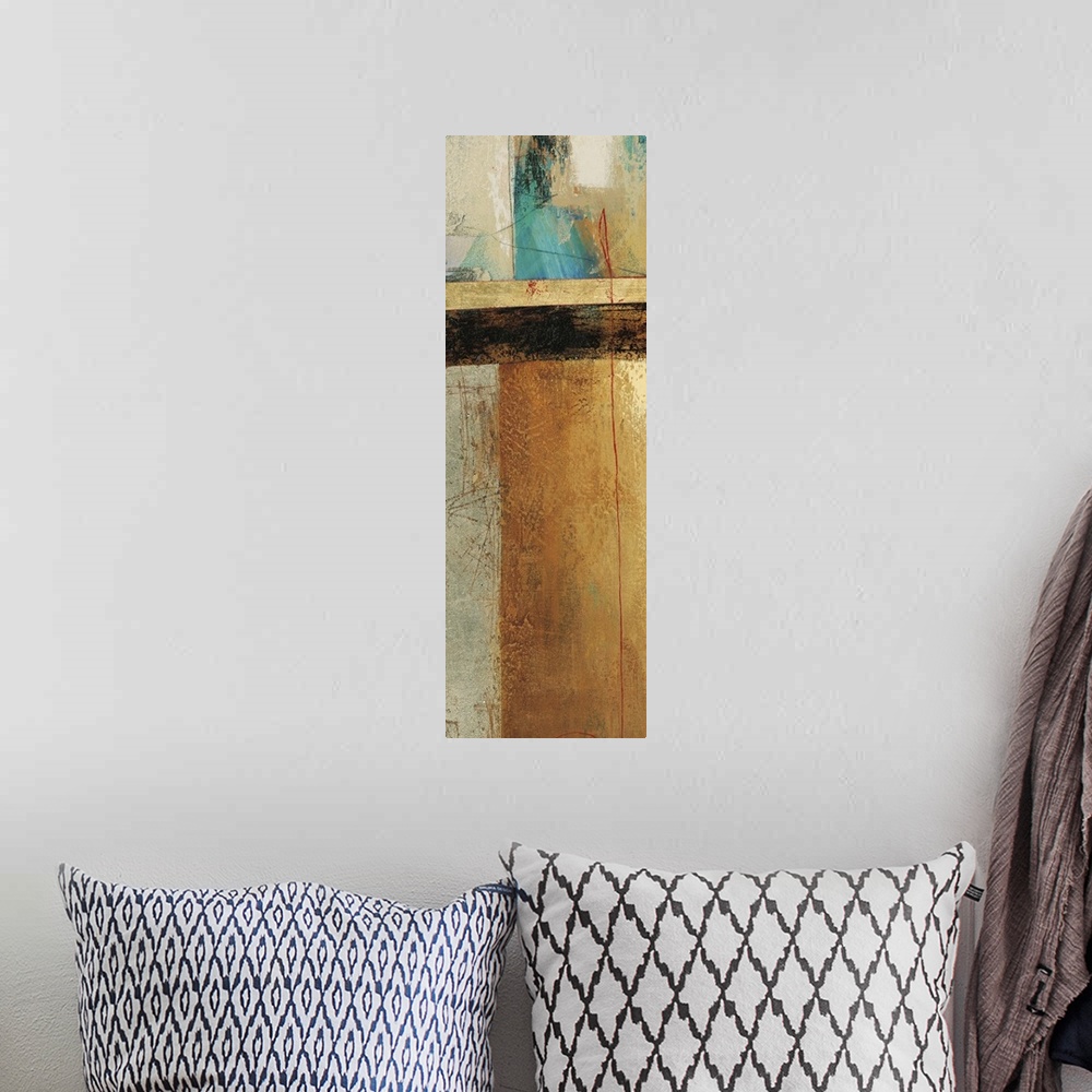 A bohemian room featuring Contemporary abstract artwork using rich earthy tones and textures, mixed with hints of aqua blue.