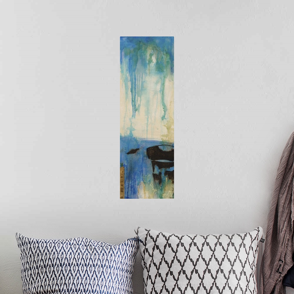 A bohemian room featuring Contemporary abstract artwork using icy blue tones mixed with beige to create depth.