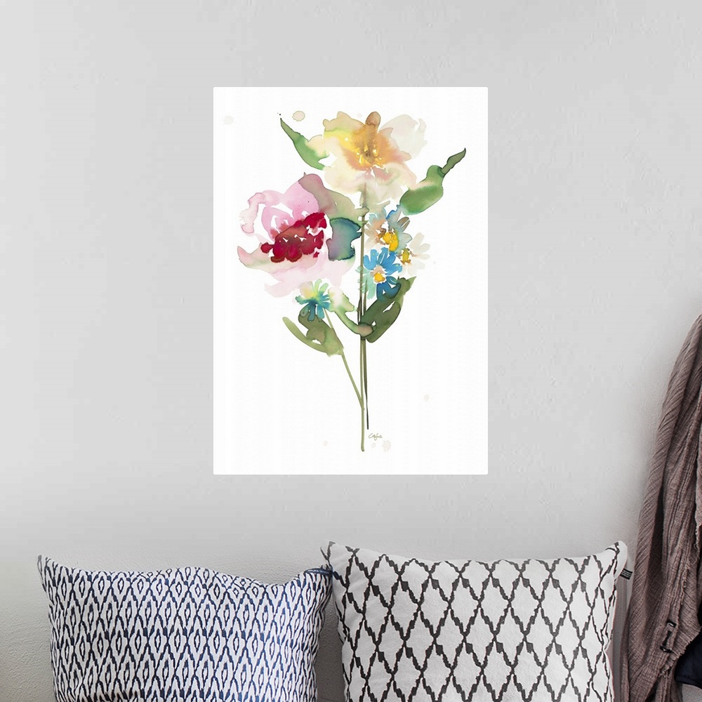 A bohemian room featuring Watercolor artwork of a small bouquet of flowers on white.