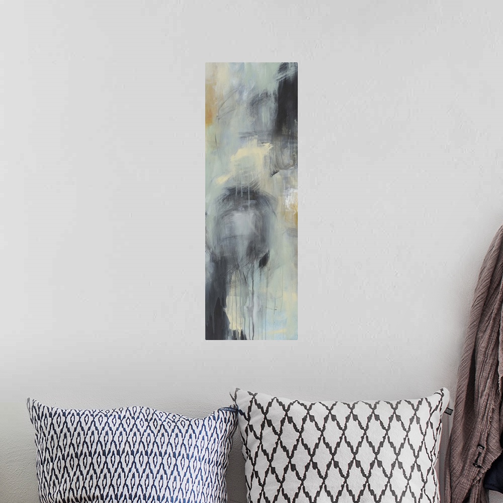 A bohemian room featuring Contemporary abstract painting using neutral tones and hints of color.