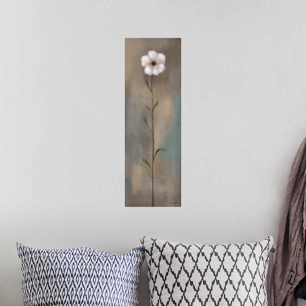 A bohemian room featuring Contemporary painting of a single white flower with a long stem against an earth toned background.