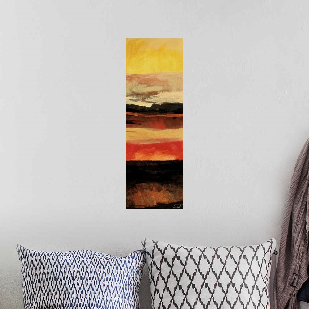 A bohemian room featuring Abstract painting using warm tones in shades of yellow, brown, red, and orange.