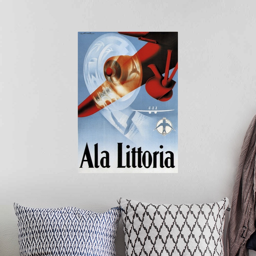 A bohemian room featuring Vintage poster advertisement for Ala Littora.