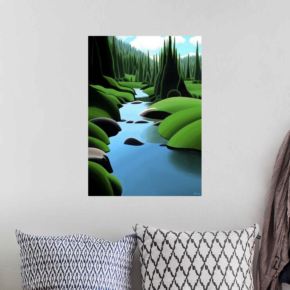 A bohemian room featuring A stream going through a grassy knolls with trees.