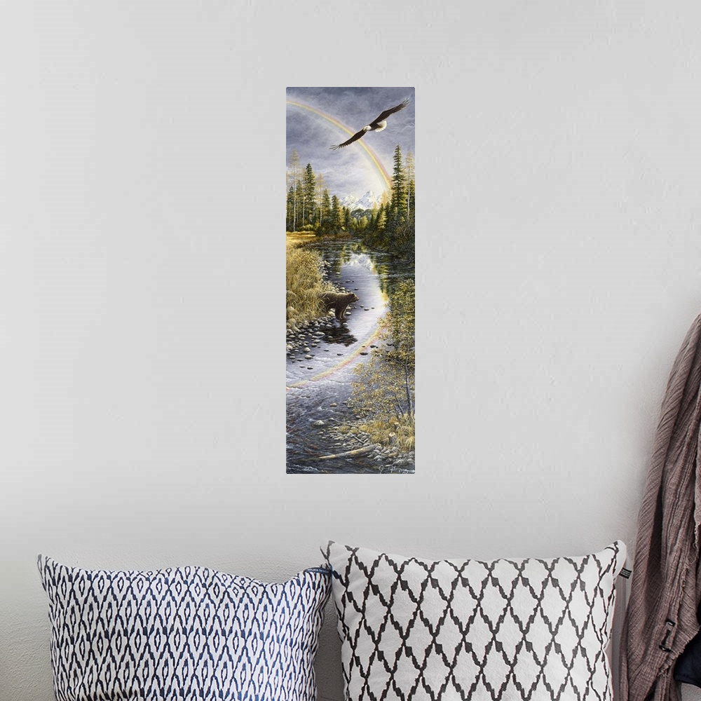 A bohemian room featuring a vertical image of a bear crossing a stream with an eagle flying above through a rainbow