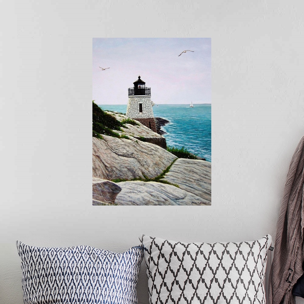 A bohemian room featuring Contemporary painting of the Castle Hill Lighthouse overlooking the ocean and seagulls in sky.