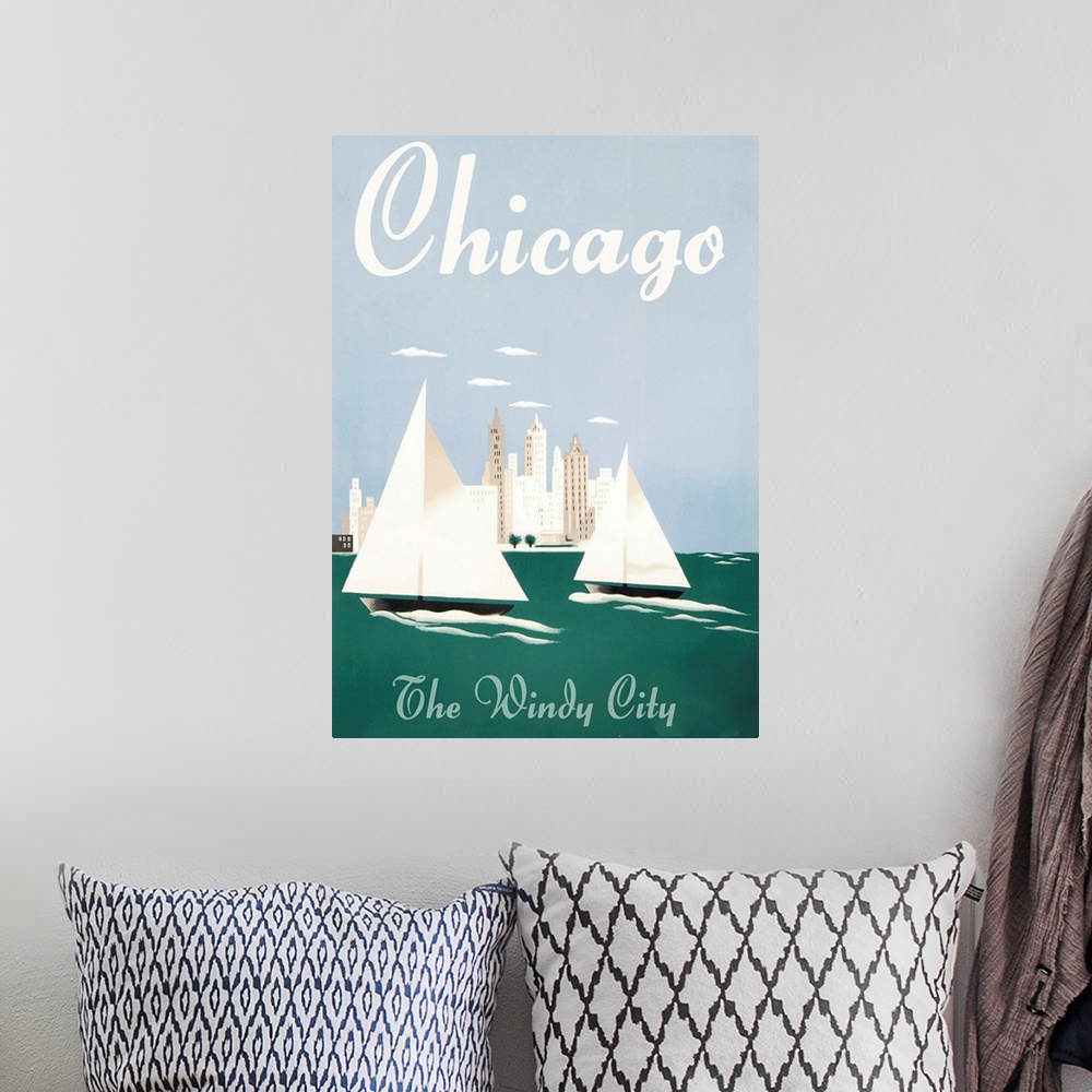 A bohemian room featuring Vintage poster advertisement for Chicago Windy City.