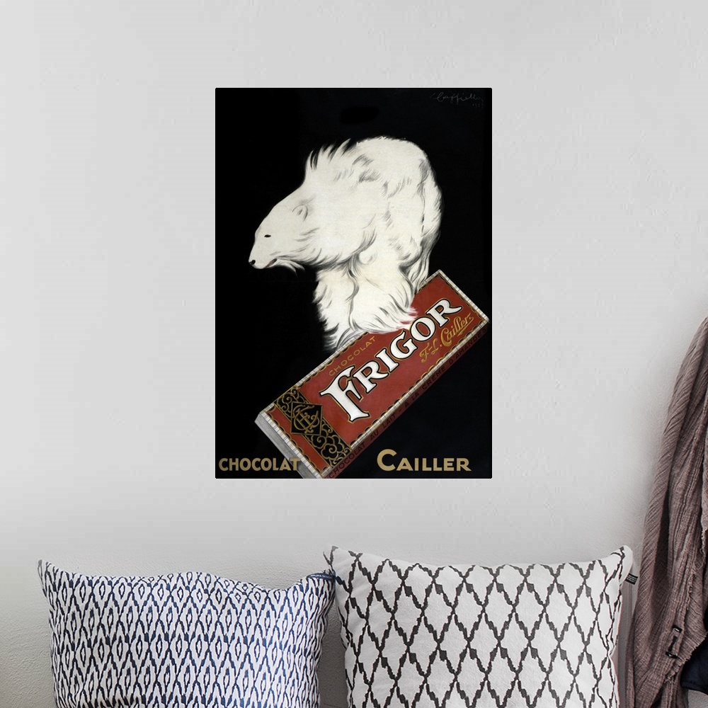 A bohemian room featuring Vintage advertisement artwork for Chocolat Cailler.