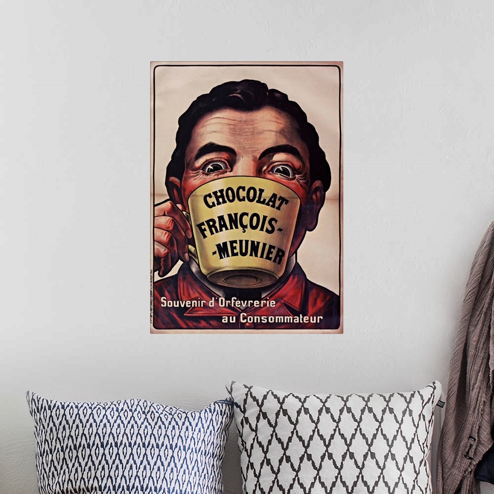 A bohemian room featuring Vintage poster advertisement for Chocolat Francois Meunier.