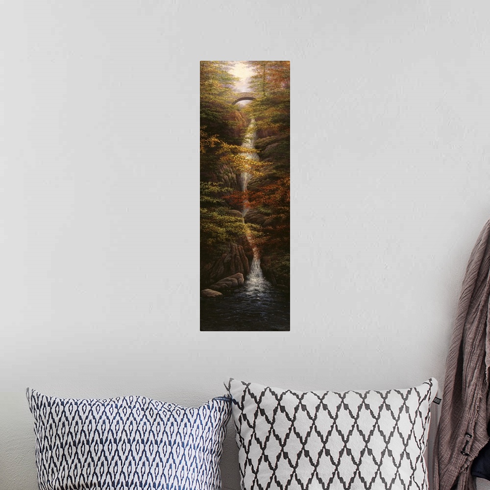 A bohemian room featuring Contemporary artwork of a long waterfall in autumn woods.