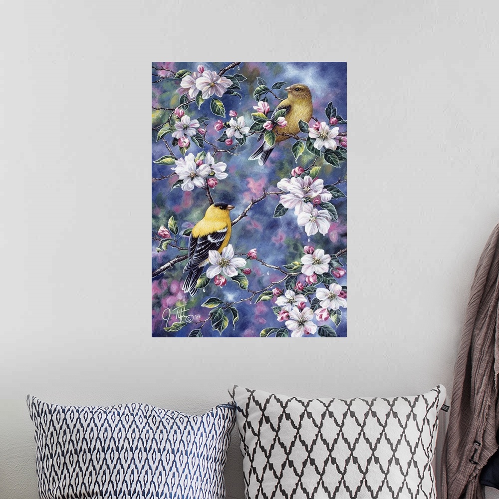 A bohemian room featuring two goldfinch sitting in apple tree in blossombird spring